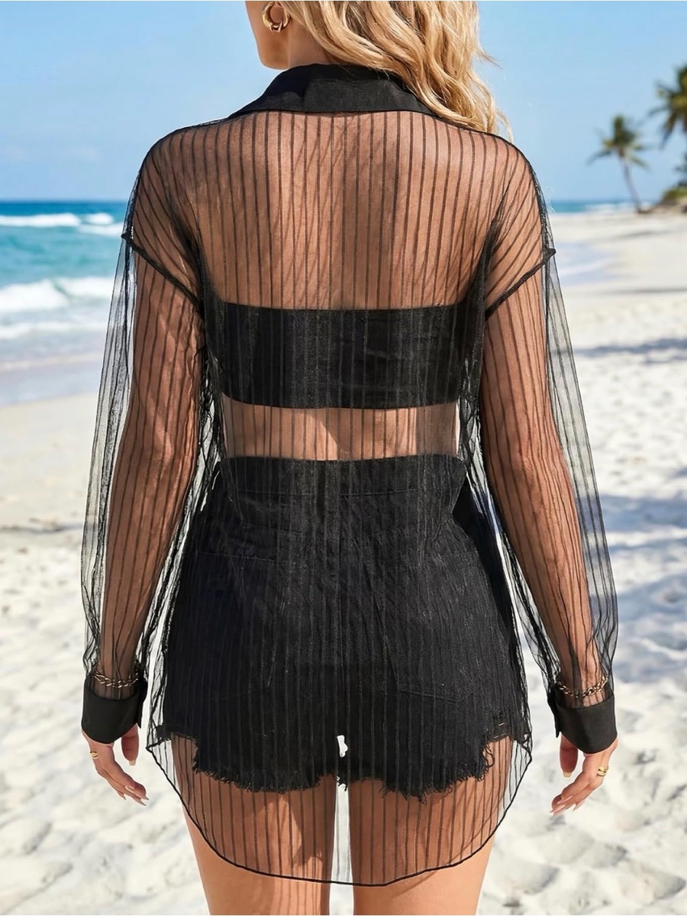 Women’s Sheer Black Mesh Button-Down Shirt - Lightweight Layering Top - Picture 2 of 3